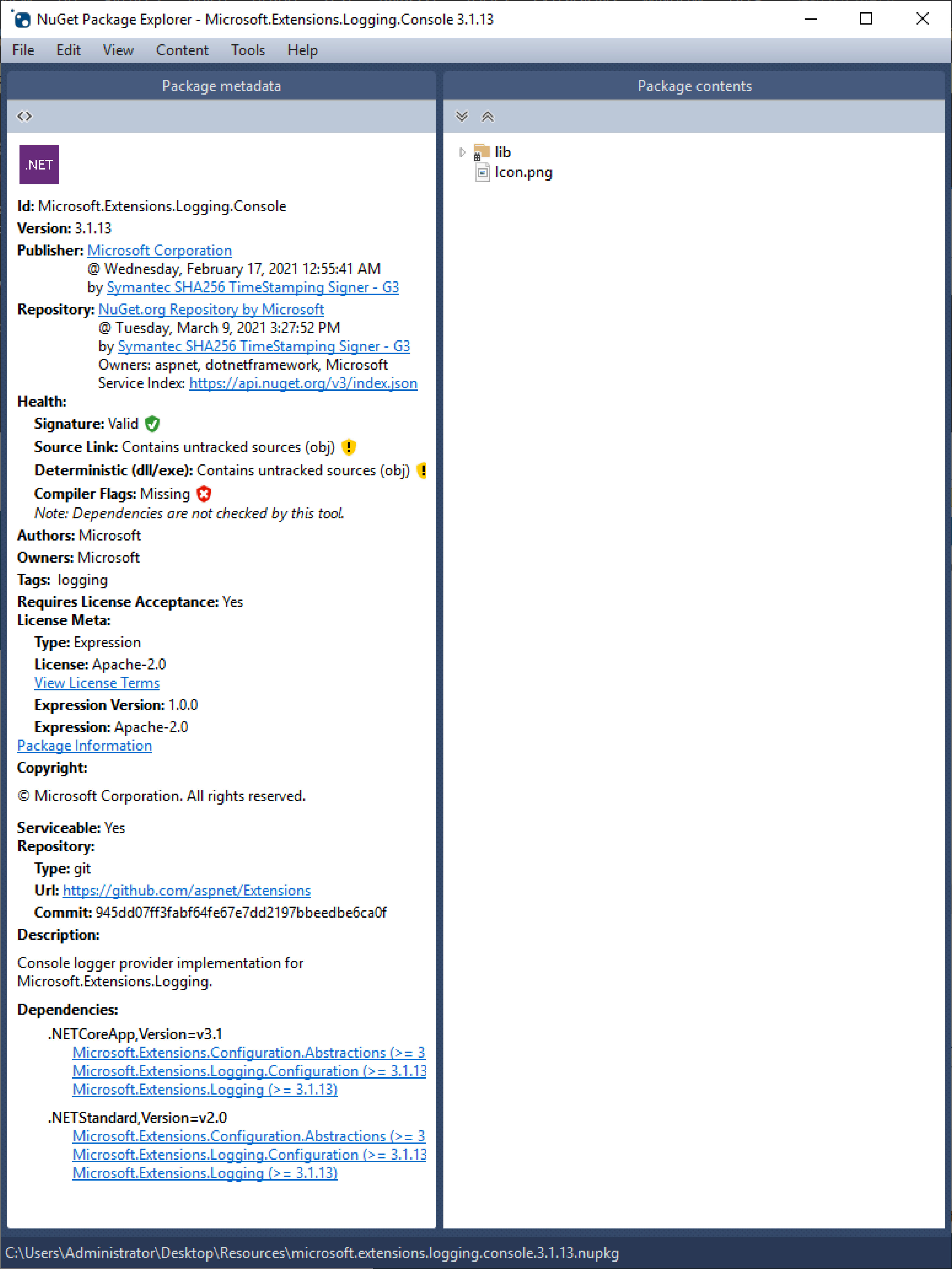 Microsoft Extensions Logging Metadata in NuGet Package Explorer