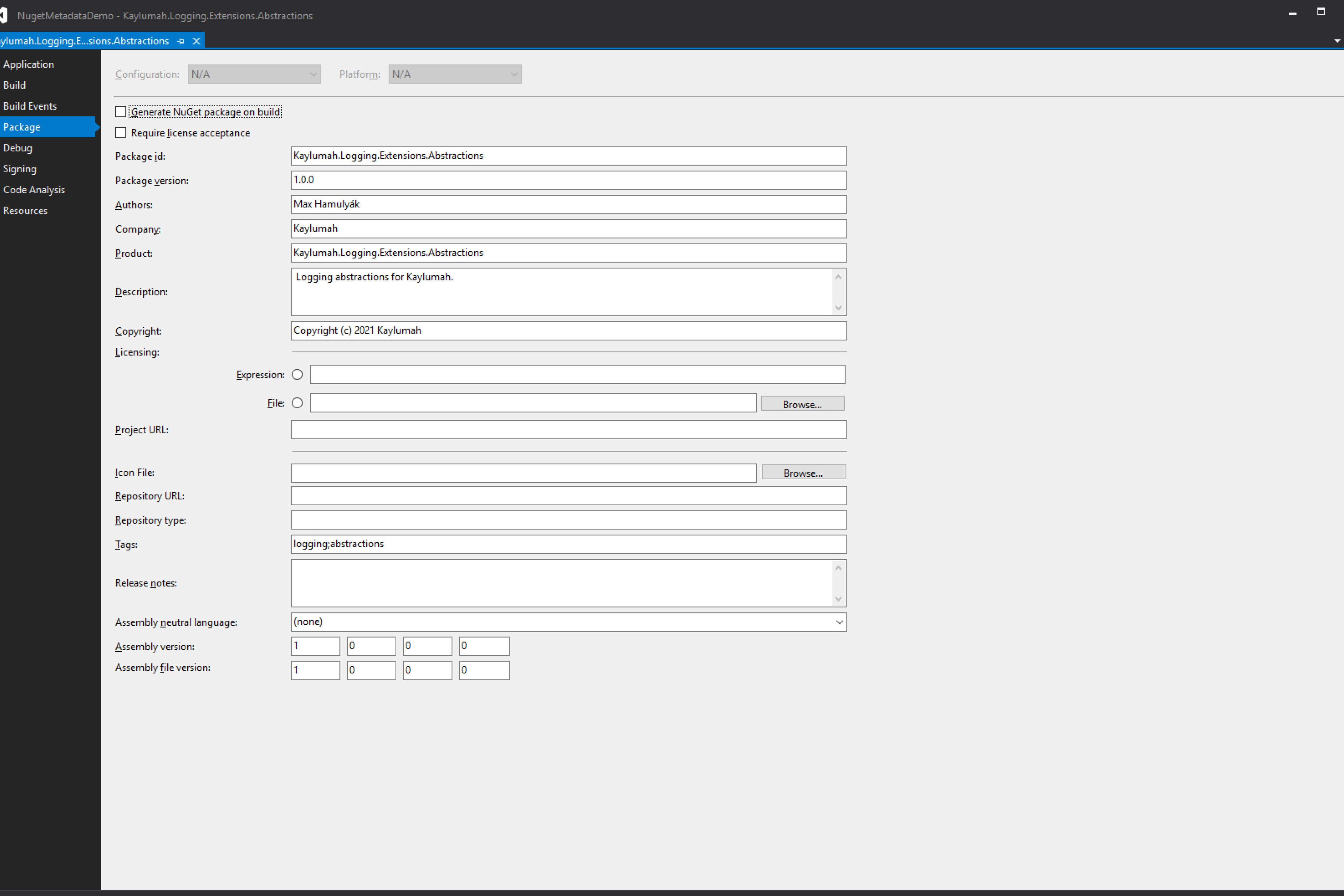 With Author Metadata in VS2019